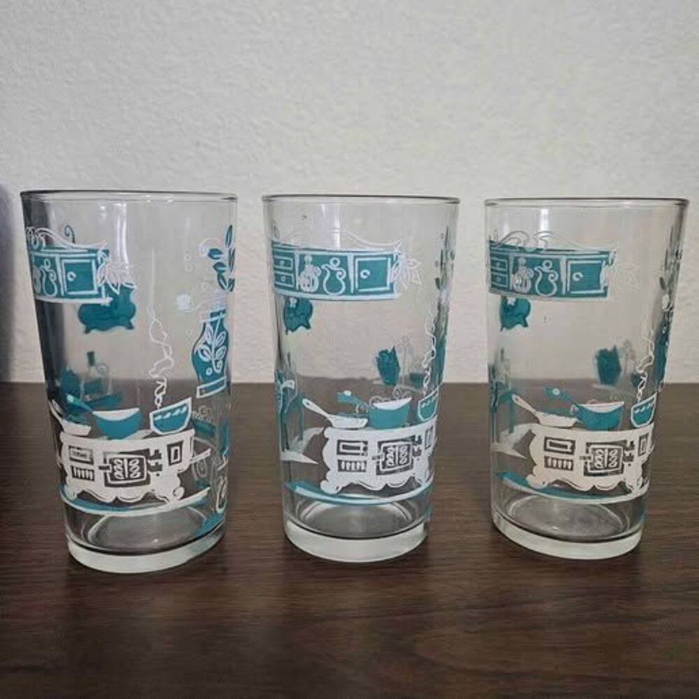 Set of 3 Vintage Hazel Atlas Kitchen Aids Tumblers Turquoise White MCM